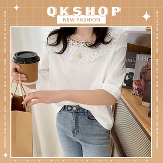 QKshop ✨เสื้อแฟชั่นแขนสามส่วนคอกลมแต่งลายลูกไม้🌺ตรงคอเสื้อมีสเน่ห์ฟุดๆ ผ้านิ่มสวมใส่สบายไม่หนาไม่ร้อน แต่งตัวง่าย ของดีแ