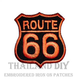 ตัวรีดติดเสื้อ ป้ายถนน สีส้ม รูท66 Route66 Orange Patch งานปัก WOP DIY ตัวรีด อาร์มติดเสื้อ กางเกง กระเป๋า 66 route