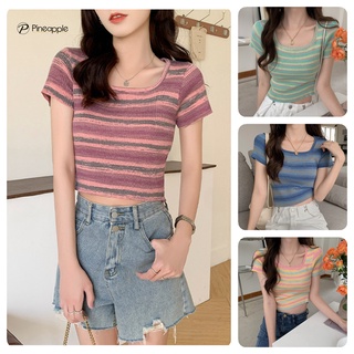 เสื้อไหมพรมแขนสั้น เสื้อครอปถัก เสื้อยืดแขนสั้น เสื้อแฟชั่นหญิง Knitted Stripe Crop-Top 1186