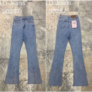 G.D.Jeans รุ่น 90297#กางเกงยีนส์แฟชั่นผ้ายืดเอวสูงทรงขาม้าฟอกสีสโนต่อไข่มุกข้างกระเป๋าและปลายขาหน้าแบบเก๋ๆ