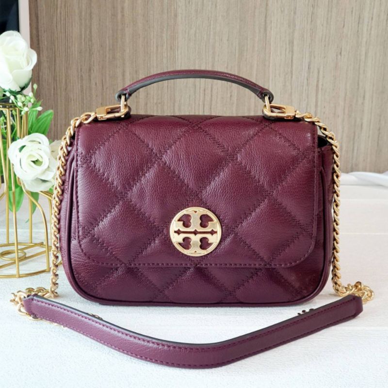 🎀 (สด-ผ่อน) กระเป๋า 8 นิ้ว หนังแกะ สีแดง Claret Tory Burch 87861 82366 Willa Mini Top Handle Bag