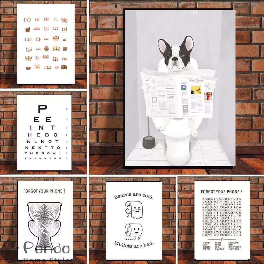 โปสเตอร์ภาพวาดผ้าใบ รูปสุนัขบูลด็อกตลก สไตล์ฝรั่งเศส สําหรับตกแต่งผนังห้องน้ํา