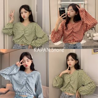 KAPAN 🌸พร้อมส่ง🌸 เสื้อครอป แขนยาว จั๊มเอว ลายสก็อต มี3สี เขียว,ฟ้า,แดง ฟรีไซส์ KP15