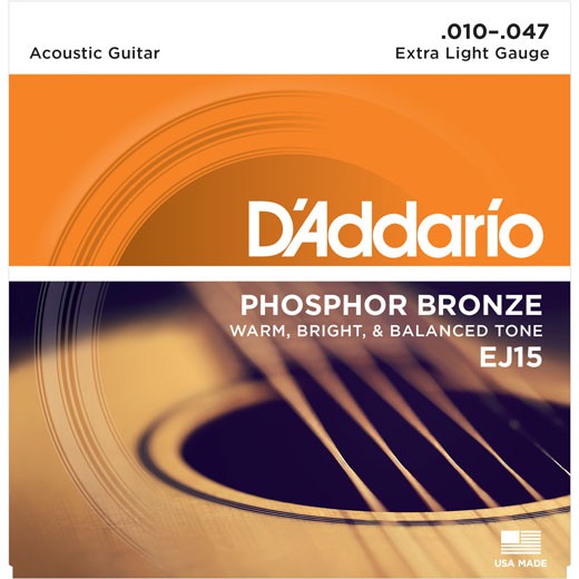 D'Addario® สายกีตาร์โปร่ง เบอร์ 10 แบบ Phosphor Bronze ของแท้ 100% รุ่น EJ15 (Extra Light, 10-47) ** Made in USA **.....