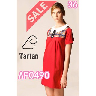 SaLe (อก36) AF0490 Aries50 เดรสผ้ายืดปกเสื้อสีขาว คอเสื้อลายสก๊อต แขนพับแ้ล้วเย็บ แขนเสื้อผ่า** Lovely-Catty