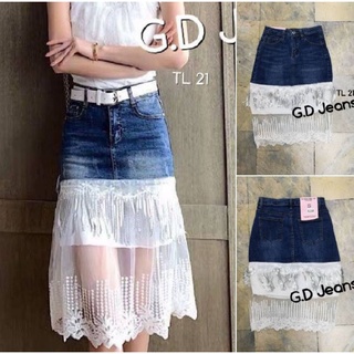 G.D.Jeans รุ่น TL21#กระโปรงยีนส์ผ้ายืดทรงเอสีเข้มแต่งลูกไม้สีขาวปลายแบบน่ารัก