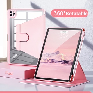 เคสหนัง แบบใส หมุนได้ พร้อมช่องใส่ดินสอ สําหรับ IPad Pro 12.9 2015 2017 2021 2020 2018 9.7 2018 2017 5th 6th Gen 9th 10.2 8th 7th Pro 11 10.5 Air 5 4 2 1 Mini 6