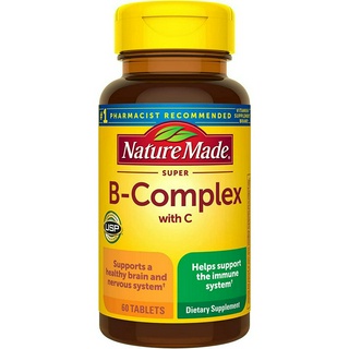 วิตามินบีรวม Super B Complex with Vitamin C and Folic Acid, Dietary Supplement for Immune Support, 60 Tablets