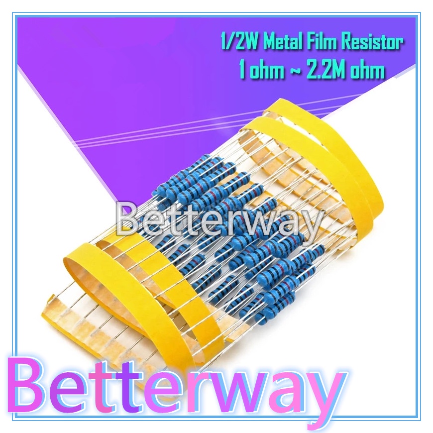 50pcs 1/2W ตัวต้านทานฟิล์มโลหะ 1% 1R ~ 1M 1 2 10 22 47 100 330 โอห์ม 1K 4.7K 10K 22K 47K 100K 330K 4