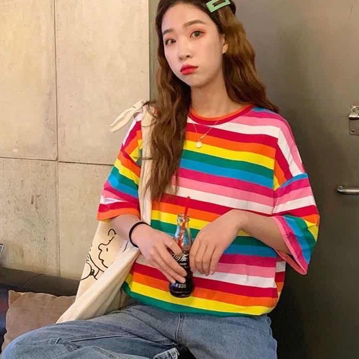 🌿SHOP MKL พร้อมส่ง เสื้อคอกลม ลายทางเส้นเล็กสีรุ้ง 🌈 แบบใหม่สไตล์เกาหลี Oversize #009