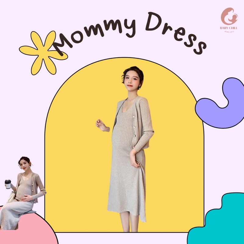 Mommy Dress เดรสคลุมท้องไหมพรม แยกเดรสเสื้อคลุม ผ้าหนา