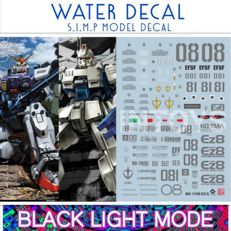 Water Decal MG1/100 Gundam EZ-8 &amp; Gundam Ground type​ ยี่ห่อ S.I.M.P. Model Decal​ ( เรืองแสงในแสงแบล็คไลท์ )​