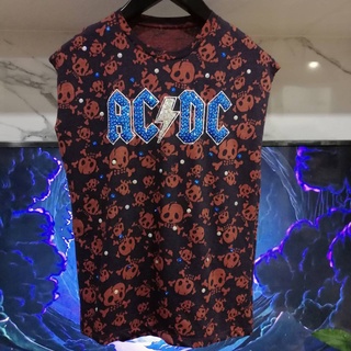 เสื้อแขนกุดแฟชั่น ปักมือวิบวับ ลายวง ACDC อก42" ยาว29" ผ้านิ่มพิมพ์ลายกะโหลก ปักเองทำเอง ไม่ซ้ำใคร เสื้อdiy