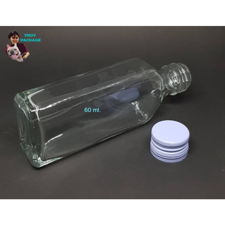 ขวด 60 มล. (12ใบ) ขวดแก้วแบน 60ml ขวดแก้ว ขวดใสแบนขนาด 60cc + ฝาโลหะ ฝาพลาสติก