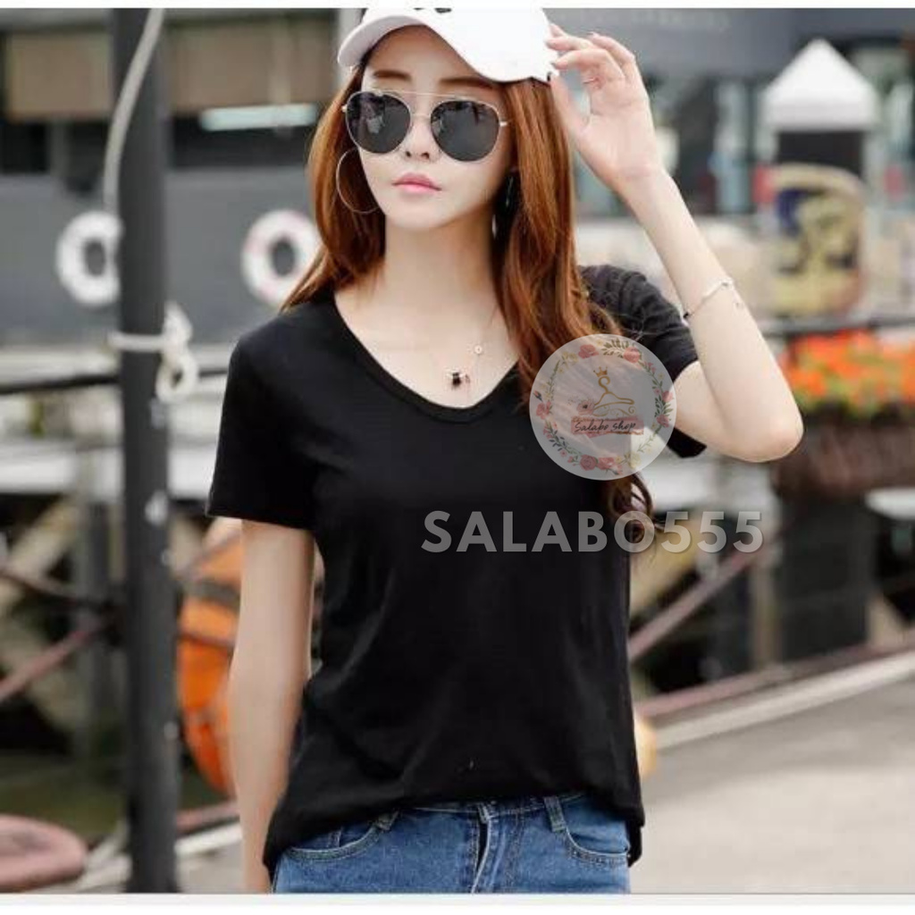 SALABO(พร้อมส่ง) เสื้อยืดคอวี⛳️ผ้าสแปนเด็กซ์ สีพื้นสไตล์เกาหลีใส่สบายผ้านิ่ม #635