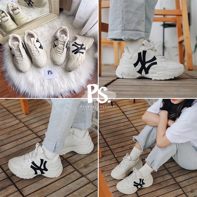 MLB แท้ 💯 พร้อมส่ง รองเท้า MLB BIGBALL CHUNKY สี offwhite logo NY สีดำ ป้าย เกาหลี