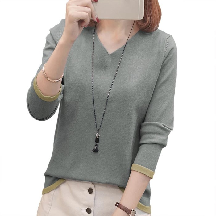 Okechauku VINIE เสื้อแจ็คเก็ตผู้หญิง เสื้อกันหนาวผู้หญิงเกาหลีถักเสื้อกันหนาว V คอเสื้อกันหนาว - Nav