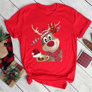 เสื้อยืดผ้าฝ้าย เสื้อยืดคริสต์มาสChristmas Xmas Cartoon Printed Tops Women Red T Shirt Tshirt New Year T-shirt Fashion H