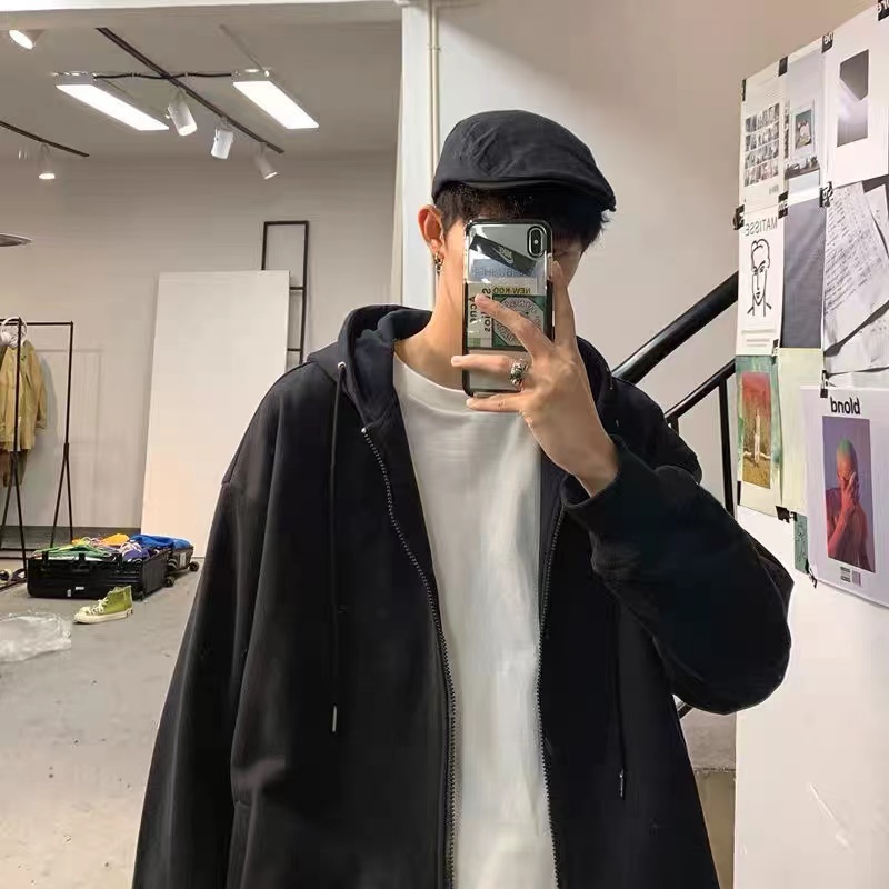 NEW🔥เสื้อคลุมมีฮู้ดผู้ชาย เสื้อคลุมแขนยาว กันร้อน กันหนาวมีซิปรูด มีหมวก สี ดำ เทา - รูปที่ 2