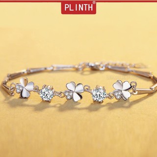 PLINTH สร้อยข้อมือเงิน 925 ญี่ปุ่นและเกาหลีหวานอารมณ์สี่ใบโคลเวอร์หมุนดอกไม้พิธีเพชร934