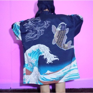 พร้อมส่ง &gt; กิโมโน ลายคลื่นทะเลกับปลาทอง