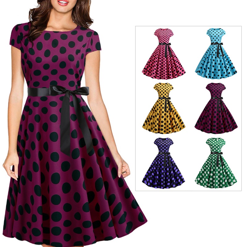 ❥Retro 50s 60s Rockabilly❥Retro Polka-Dot Color-Blocking Round Neck Cap-Sleeve Large Swing Dress เอว