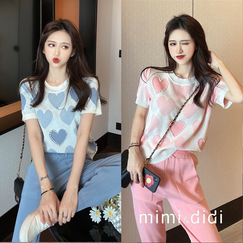 mimi&didi เสื้อไหมพรมแขนสั้น ลายหัวใจติดมุก สุดน่ารัก กำกังมาแรง 51025#