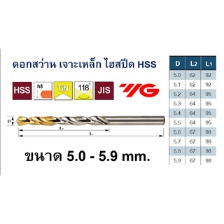 YG ดอกสว่านเจาะเหล็ก ไฮสปีด HSS (สีทอง) 5.0-5.9 mm.