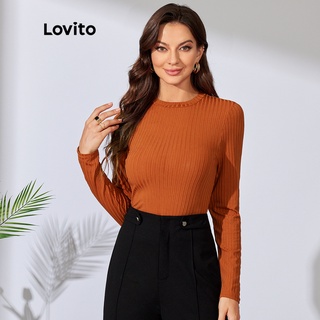 (พร้อมส่ง)Lovito เสื้อยืดสีพื้น ลายทาง ยืดหยุ่นสูง เป็นมิตรกับผิวและสวมใส่สบาย สไตล์ลำลอง L29ED010 (สีกาแฟ)