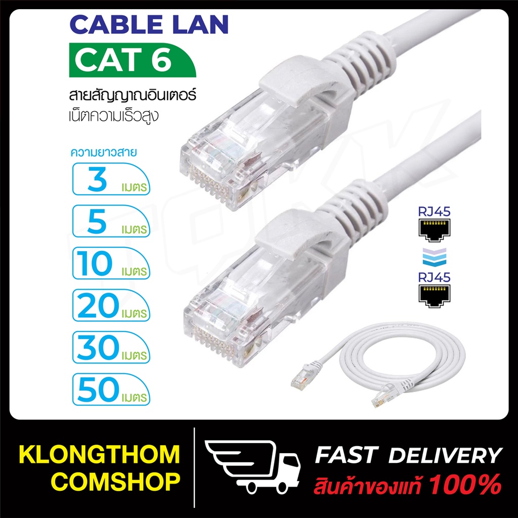 สายแลน LAN Cat6 มีสาย ขาวกลม/แบนฟ้า ยาว 20/30/50เมตร LINK Cable lan สายแลน(ภายใน) indoor พร้อมใช้งาน มีหลายขนาด พร้อมส่ง