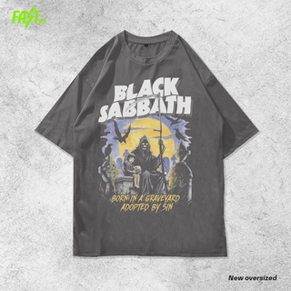 เสื้อยืดวินเทจเสื้อยืดโอเวอร์ไซซ์ พิมพ์ลาย Black Sabbath born in a grave adopted by sin vintage band สีดําS-5XL