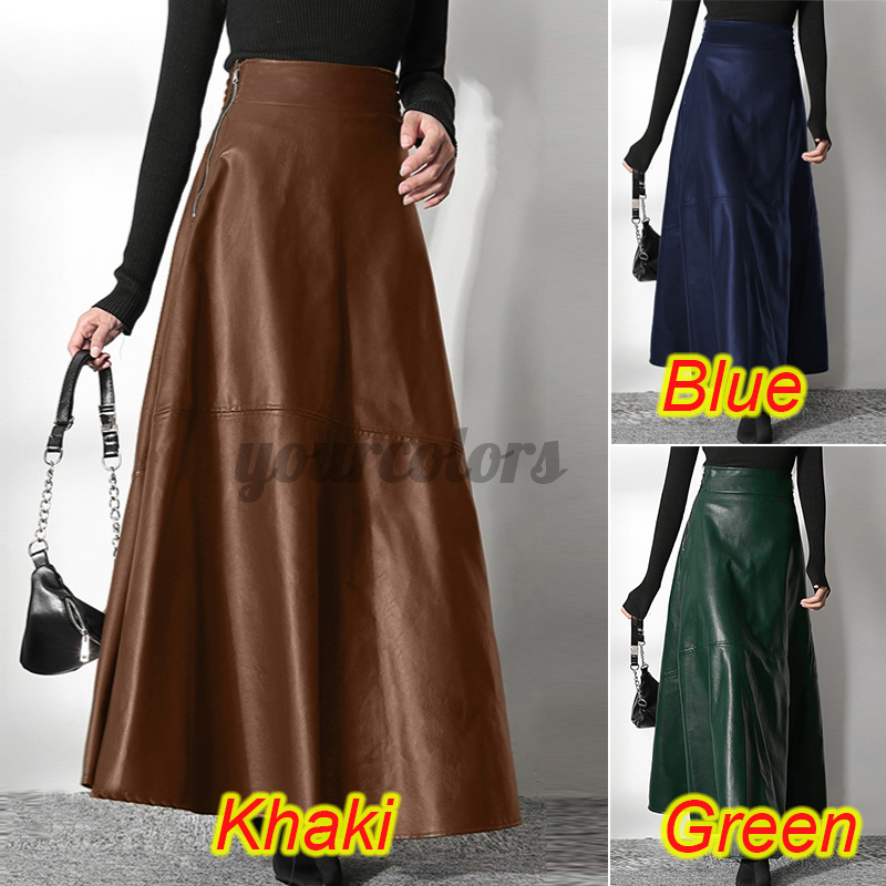 กระโปรงยาวเอวสูงหนังสีพื้นสําหรับผู้หญิง - รูปที่ 7