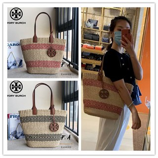 F.A (ของแท้ 100%) Tory Burch 74260 TB กระเป๋าถือ / มิลเลอร์ฟางทอมาตรฐานขนาดใหญ่ / ถุงถัง / กระเป๋าผ้าทอ / กระเป๋าสะพาย