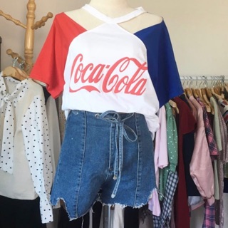 เสื้อยืดดีไซน์ผ่าช่วงไหล่ สุดน่ารัก ลาย Coca Cola ลาย Popcorn