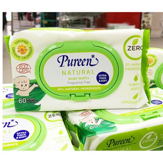 เพียวรีน ทิชชู่เปียก ผ้าเปียก เบบี้ไวพส์ สูตรเนเชอรัล (ห่อ60แผ่น) PUREEN Natural Baby Wipes