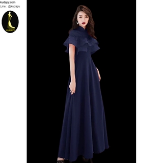 Maxi Dress ทรงหรูแต่งระบายสีกรม งานผ้าทิ้งตัว