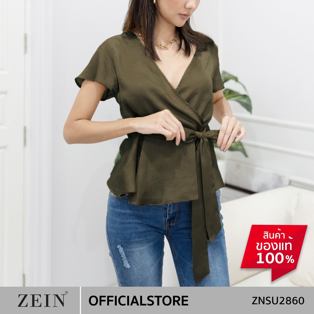 ZEIN เสื้อเบลาส์ เสื้อผู้หญิง คอวี แขนสั้น สีพื้น ผูกเอว ZNSU2860
