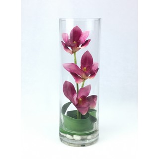 OrientalFineArt  ดอกไม้ประดิษฐ์ กล้วยไม้cymbidium จัดในแจกันแก้วใสทรงกระบอกสูง(GRIX-6316-L)