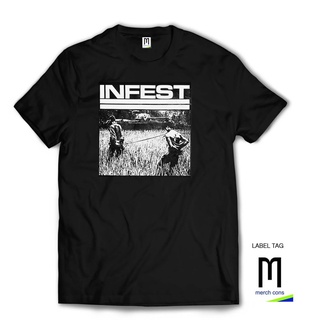 เสื้อผ้าผชInfest HARDCORE เสื้อยืด band / tag merchcons - สีดําS-5XL