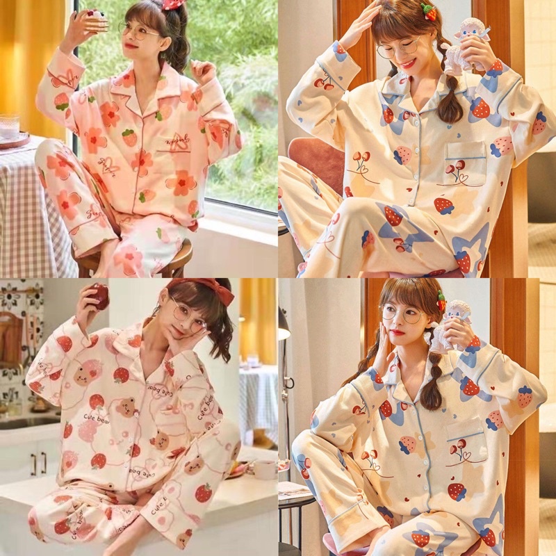 [ใส่โค้ด MOLOVE80 ลดทันที 10%] ชุดนอนผู้หญิง ลายการ์ตูน Cute Bear ต้าวหมี และสตอเบอร์รี่ฉ่ำวาว น่ารัก พร้อมส่ง