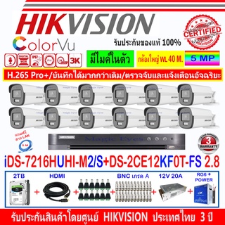 Hikvision ColorVu 3k กล้องวงจรปิด รุ่น DS-2CE12KF0T-FS 3.6mm//2.8mm(12)+DVR รุ่น iDS-7216HUHI-M2/S+ชุด2 หรือ 4H2JBS/AC