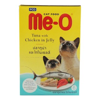 Me-o อาหารแมวมีโอเพ้า สูตรปลาทูน่าและไก่ในเยลลี่ เบอร์ 6 ยกกล่อง(12ซอง)