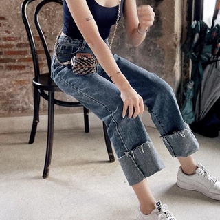 RittaJeans กางเกงยีนส์ เอวสูง ยีนส์ทรงกระบอก ขาพับ ผ้ายีนส์ไม่ยืด ยีนส์สตรีท ยีนส์ผู้หญิง ยีนส์เรียบ สียีนส์ฟอก ยาว 36 น