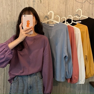 พร้อมส่ง/สต็อกพร้อม/ เสื้อยืดแขนยาวผู้หญิง oversize เสื้อผ้าแฟชั่นวัยรุ่น เสื้อโอเวอร์ไซส์เกาหลี เสื้อยืดสีพื้น เสื้อแขนพอง