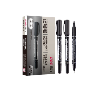 Deli Marker Pen 6824 ปากกาเขียนถุง ปากกากันน้ำ มาร์คเกอร์ ปากกาเคมี สำหรับเขียนซองพลาสติก 2 หัว 1mm และ 0.5mm