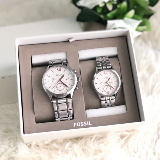 🎀 (สด-ผ่อน) นาฬิกาคู่ สีเงืน Fossil BQ2180 SET HIS AND HER CHRONOGRAPH STAINLESS STEEL WATCH GIFT SET