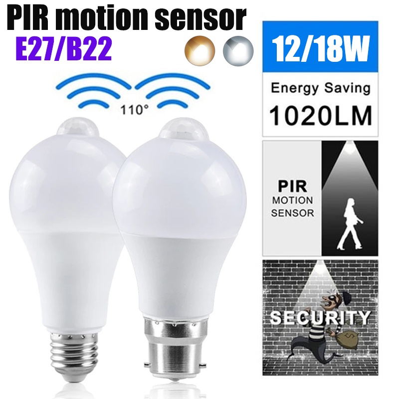 12W/18W LED Light PIR Motion Sensor E27 B22 Bulb Infrared Radiation ...