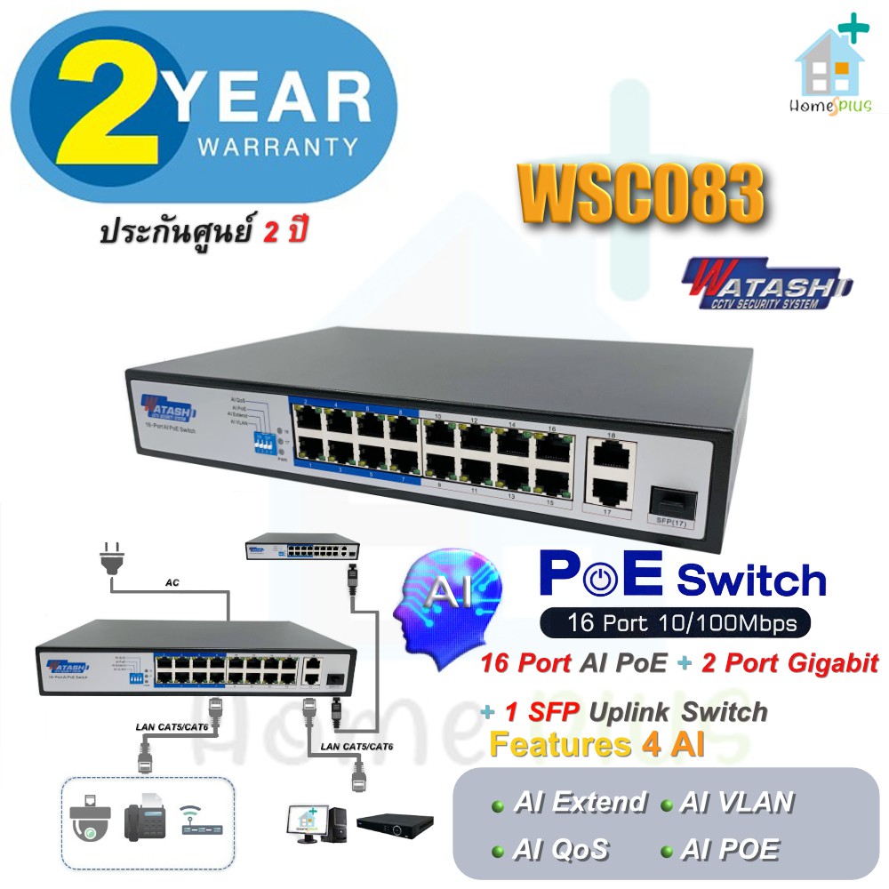 WATASHI HUB POE 16 PORT ( AI ) 16 PORT 10/100 + 2 PORT Gigabit Uplink + 1 SFP รุ่น WSC083