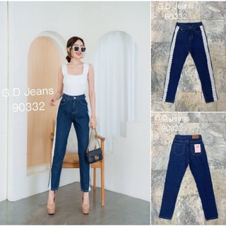 G.D.Jeans รุ่น 90332#กางเกงยีนส์ขายาวผ้าด้านทรงบอยสีเข้มดีไซร์ติดลูกไม้สีขาวข้างแบบเก๋ๆ