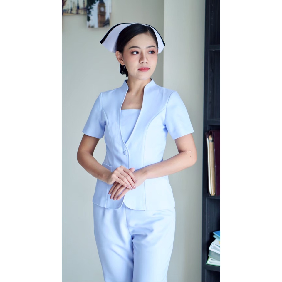 พร้อมส่ง**เฉพาะเสื้อ**คอปีนแขนสั้น ผ้าวาเลนติโน่ ขาวโอโม่ ชุดพยาบาลสำเร็จรูป เกรดดี ชุดพยาบาลร้านอ๋อง ราคา ถูกที่สุด ดีลบีเคเค แกลเลอรีภาพที่ 7